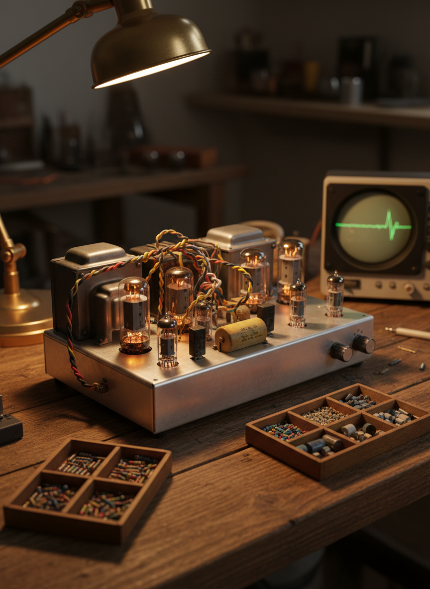 A close-up, photographic view of an exposed vintage tube amplifier chassis on a sturdy wooden bench, its brushed metal surface populated with vacuum tubes, cloth-covered wires, and large, paper-wrapped capacitors. The tubes emit a faint warm glow, their glass bodies reflecting tiny highlights. Surrounding the amp are small trays of neatly sorted resistors and capacitors, and an analog oscilloscope with a soft green waveform on its screen. Warm, directional desk-lamp lighting from the side creates gentle shadows and emphasizes textures of aged metal and bakelite. Shot from a slightly elevated angle with shallow depth of field, the scene feels nostalgic yet precise, showcasing careful restoration craftsmanship in rich, photographic realism.