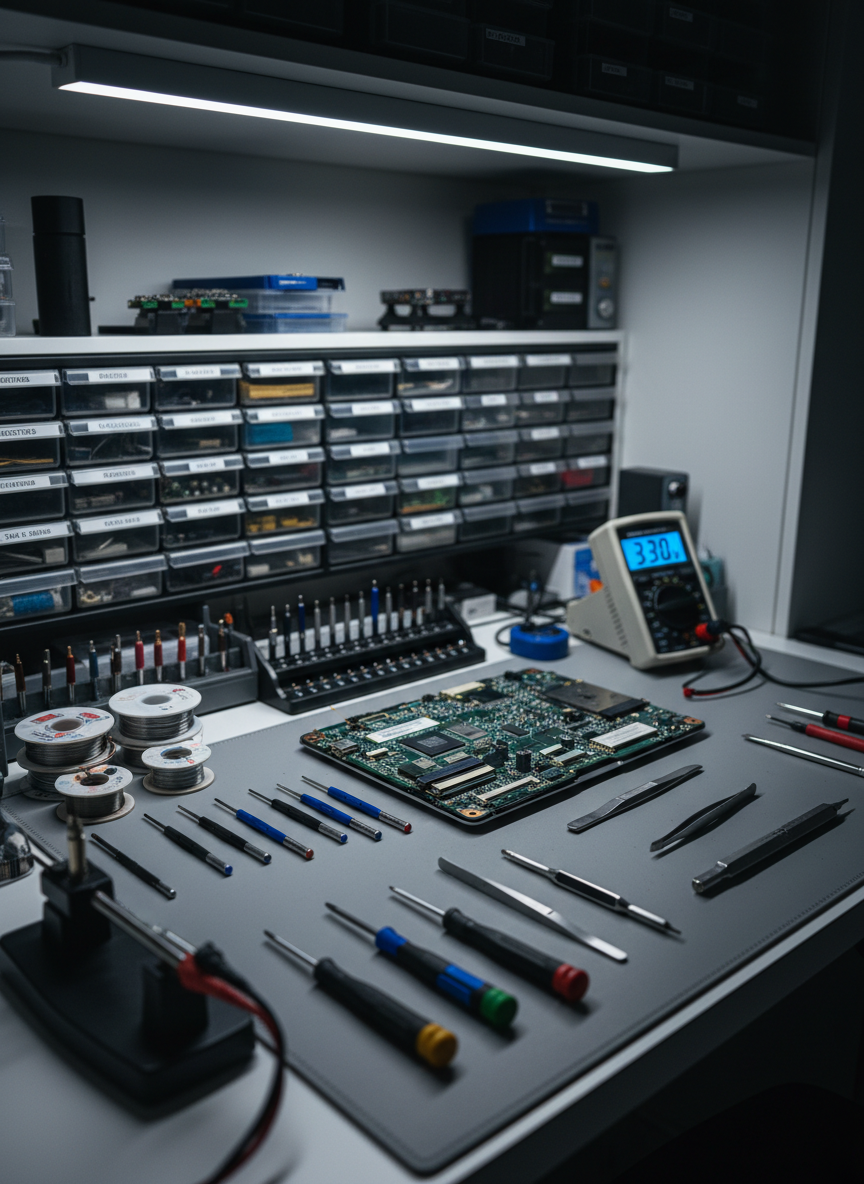 A meticulously organized electronics repair workbench in a compact, well-lit workshop, featuring an open circuit board from a modern laptop surrounded by precision screwdrivers, tweezers, and a digital multimeter with glowing readout. Spools of fine solder, a temperature-controlled soldering station with a resting iron, and labeled drawers of components line the back of the bench. Cool, even overhead LED lighting creates crisp, photographic realism with subtle reflections on metal tools and matte texture on the green PCB. Shot at eye level with a slight angle, the composition uses shallow depth of field so the workstation is in sharp focus while background shelves blur softly, conveying calm, expert-level professionalism.