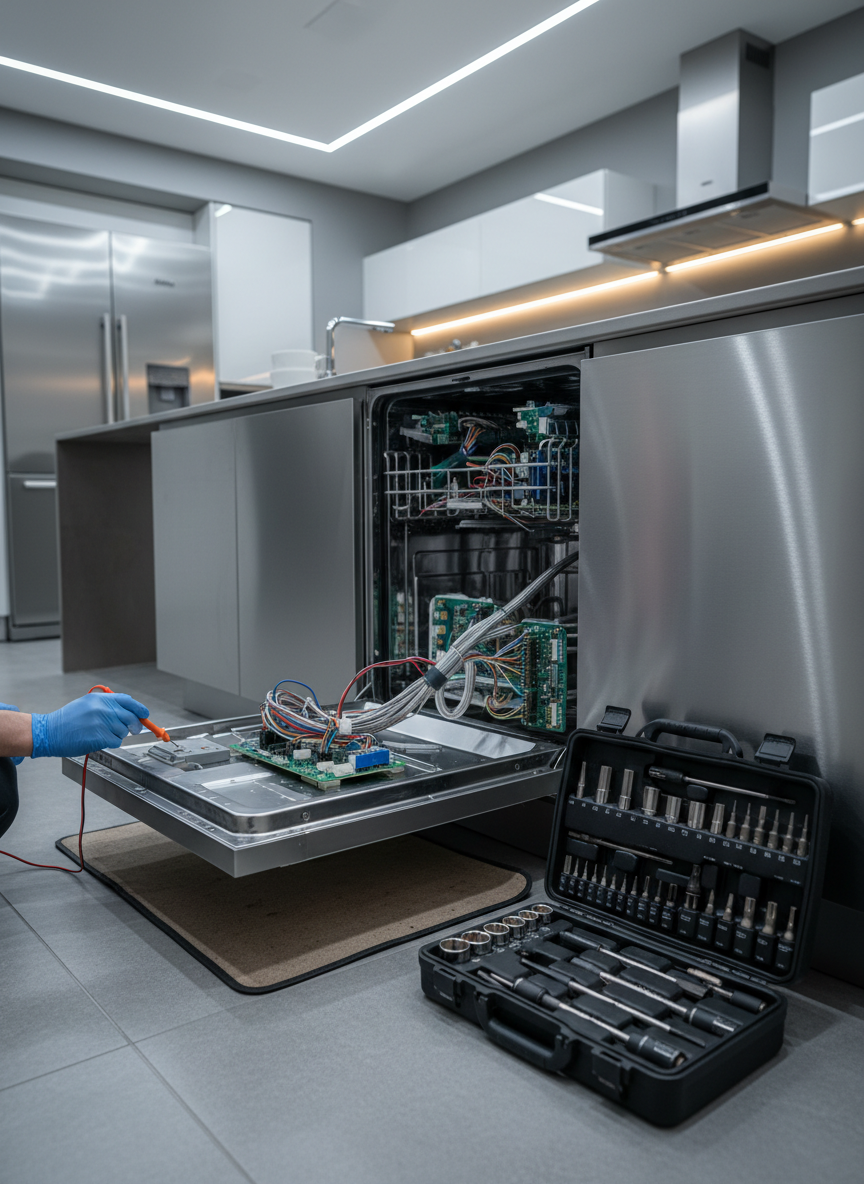 A modern stainless-steel kitchen scene focusing on a partially disassembled high-end dishwasher pulled slightly away from the cabinets, its front panel removed to reveal intricate wiring, control boards, and water lines. A compact toolkit is open on the tiled floor beside it, with sockets and bits arranged in foam cutouts. Bright, neutral overhead lighting combined with soft under-cabinet LEDs creates clean reflections on the steel surfaces and subtle shadows in crevices. Photographic realism at an eye-level composition emphasizes the open machine as the central subject, while the rest of the kitchen gently blurs into the background, conveying a calm, professional appliance repair in progress.