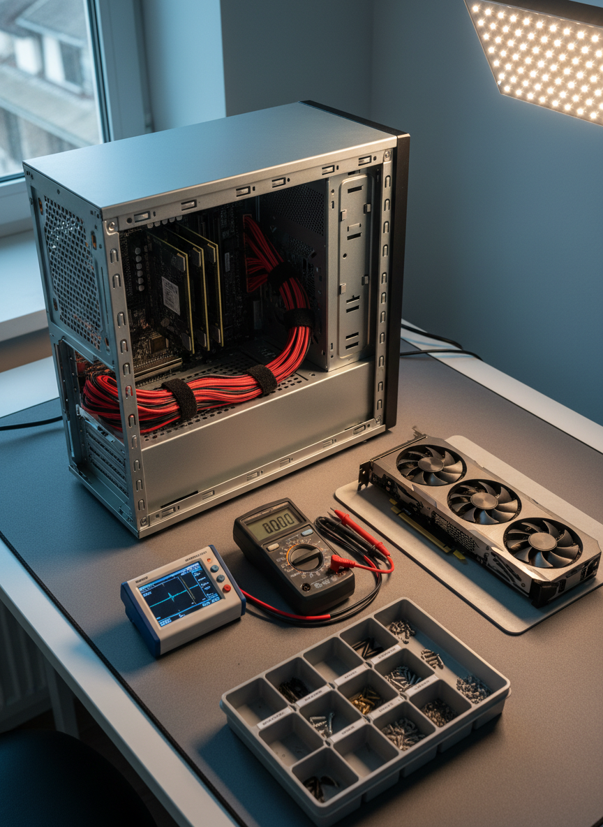 A detailed tabletop arrangement for diagnostics: an open desktop computer case laid on its side with cables neatly routed, RAM modules partially removed, and a graphics card resting beside it on an anti-static mat. A sleek digital multimeter, a compact USB oscilloscope, and a labeled parts tray sit nearby. Cool, diffused daylight from a nearby window mixes with soft white overhead lighting, producing minimal glare and natural, balanced shadows. Photographic realism captures the subtle textures of brushed aluminum, matte plastic, and braided cables. Shot from a three-quarter overhead angle with sharp focus throughout, the composition feels methodical and modern, emphasizing precise troubleshooting and contemporary electronics expertise.