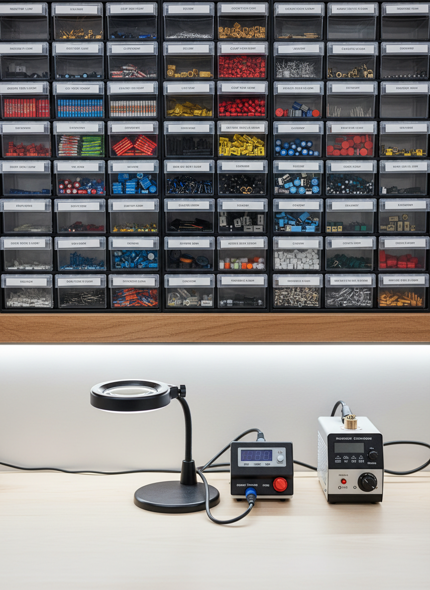 An overhead, photographic view of a small, neatly labeled component storage wall in an electronics workshop, featuring transparent drawers filled with resistors, capacitors, ICs, and connectors. Each drawer has crisp, printed labels and small bursts of color from component bands and casings. Below, a narrow wooden shelf holds a calibrated soldering station, a magnifying lamp, and a compact hot air rework tool. Even, bright LED strip lighting under the shelf creates clean, shadow-free illumination, highlighting the organized layout. The composition is symmetrical and satisfying, with sharp focus and a clean, modern aesthetic that conveys obsessive attention to detail and readiness for any electronics or appliance repair task.